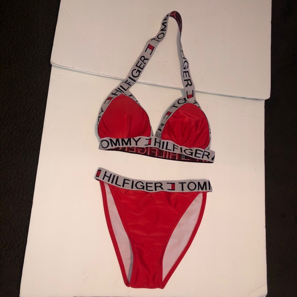Red Tommy Hilfiger 2 piece bathing suit.